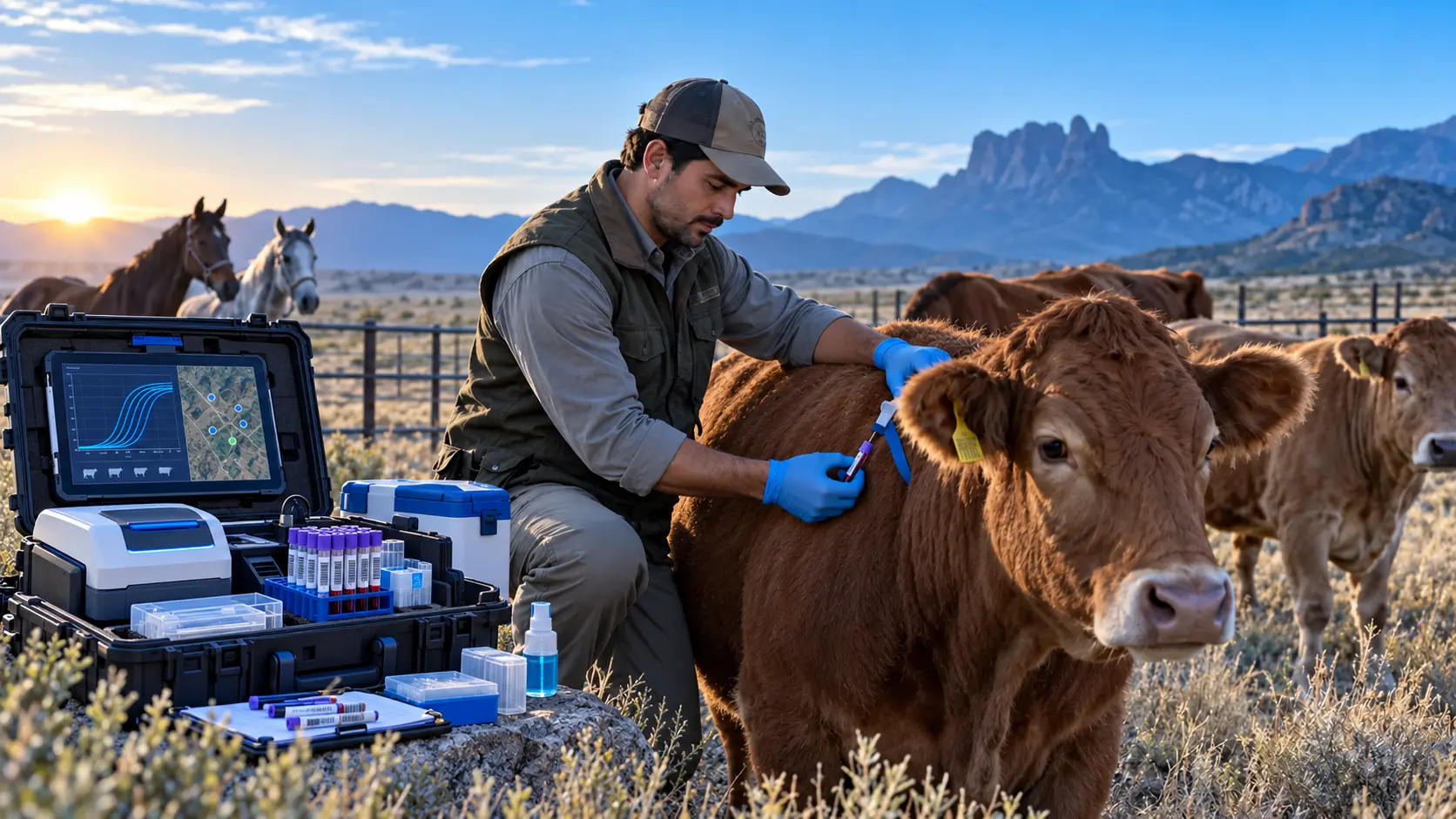 Veterinario examinando bovinos con equinos en una unidad de campo