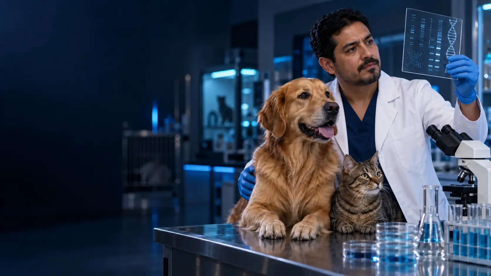 Investigadora veterinaria con perro y gato en laboratorio de biotecnología